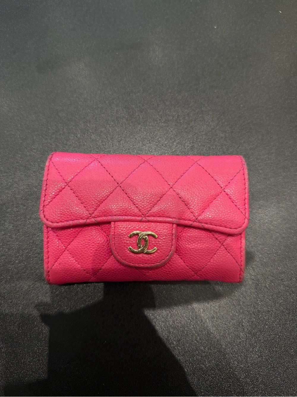 CHANEL Hot Pink Quilted Caviar Leather Wallet with Gold CC Turnlock